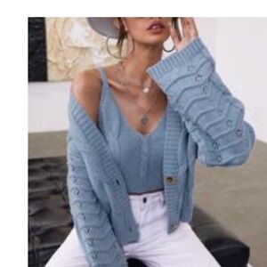 New Women's Blue Knit Sweater and Cami tank Set